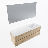 MONDIAZ VICA 140cm badmeubel onderkast Washed Oak 2 lades. Wastafel CLOUD rechts 1 kraangat, kleur Talc met spiegel LED. - thumbnail