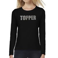 Glitter longsleeve shirt zwart Topper rhinestones steentjes voor dames - Lange mouwen 2XL  -