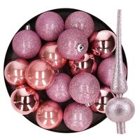 24x stuks kunststof kerstballen 6 cm inclusief glitter piek roze   - - thumbnail