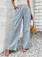 Women's  Elastic Band H-Line Wide Leg Pants Daily Pant Blue Casual Drawstring Striped Pant