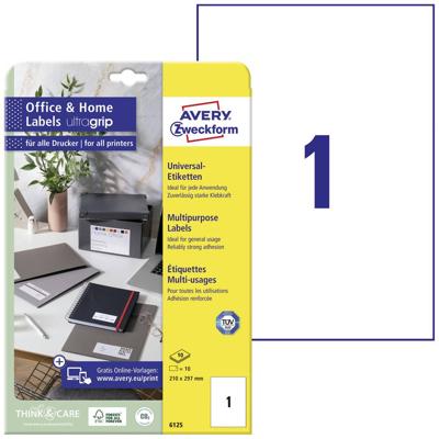 Avery-Zweckform 6125 Universele etiketten 210 x 297 mm Papier Wit 10 stuk(s) Permanent hechtend Inkjet, Laser (zwart/wit), Laser (kleur), Kopiëren (zwart/wit),