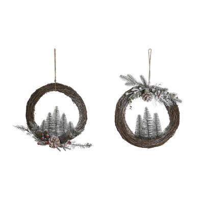 Kerstkroon DKD Home Decor Natuurlijk vlechtwerk ananas Besneeuwd 32 x 7 x 32 cm (2 Stuks)