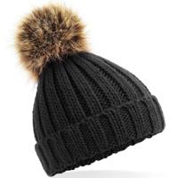 Beechfield gebreide wintermuts - zwart - grof/chunky met pompon - voor meisjes/kinderen