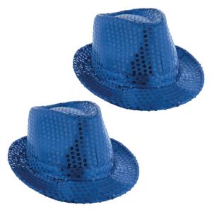 Carnaval verkleed hoedje - 2x - Trilby - blauw - glitter pailletten - heren/dames - Carnaval