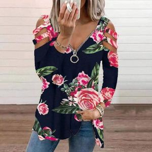 Women's Casual Floral V Neck Zip Long Sleeve Blouse Vacation Boho Clothing