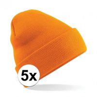 5x Warme gebreide schaatsmuts in het oranje   - - thumbnail