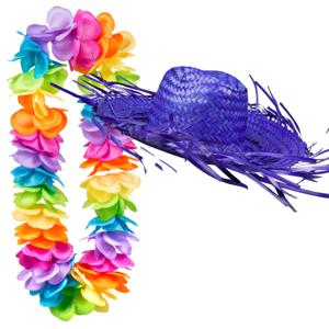 Carnaval verkleedset - Tropical Hawaii party - strohoed - en volle bloemenslinger multi colours