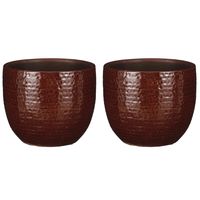 2x stuks plantenpot/bloempot kastanje bruin met flakes patroon - D16/H14 cm - thumbnail