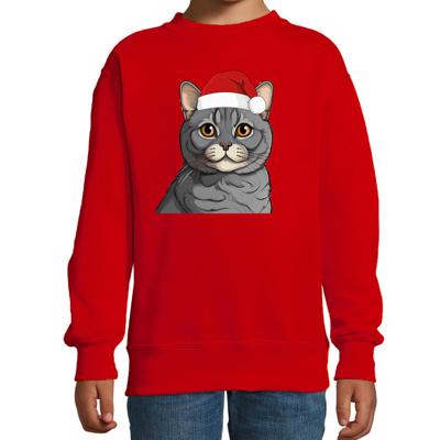 Kersttrui / sweater katten/poezen - kinderen - grijze kat/poes - rood - kerstmuts - Kerstmis Kersttrui / sweater katten/poezen - kinderen - grijze kat/poes - rood - kerstmuts - Kerstmis