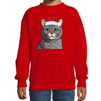 Kersttrui / sweater katten/poezen - kinderen - grijze kat/poes - rood - kerstmuts - Kerstmis