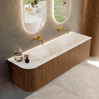 Mondiaz KURVE-DLUX 155 cm Onderkast Greeploos 2 Lades Met Deuren Walnut, Wastafel Solid Surface Rechts Frappe 0 Kraangaten Zonder Spiegel (KRVLEA155L2L1D0KD-Wal/Fra)