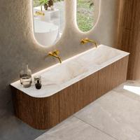 Mondiaz KURVE-DLUX 155 cm Onderkast Greeploos 2 Lades Met Deuren Walnut, Wastafel Solid Surface Rechts Frappe 0 Kraangaten Zonder Spiegel (KRVLEA155L2L1D0KD-Wal/Fra)