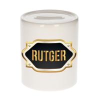Spaarpot met voornaam Rutger - wit - goud/zwart embleem - 8 x 9 cm - keramiek - afsluitdop