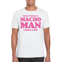 Foute party t-shirt voor heren - macho man - wit - glitter roze - carnaval/themafeest - thumbnail