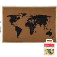 Prikbord wereldkaart met 40x punaises gekleurd - 60 x 40 cm - kurk - Prikborden - thumbnail
