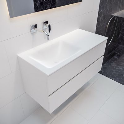 Mondiaz Vica Cloud badmeubel wit mat 100 cm 2 lades solid surface enkele spoelbak links zonder kraangat