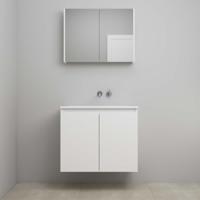 On-Line Badkamermeubelset - 80 cm - Voorgemonteerd - Greeploos 2 Deuren - Acryl Wastafel - zonder Kraangat - Spiegelkast - Mat Wit