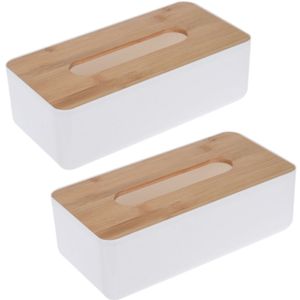 2x stuks tissuedoos/tissuebox rechthoekig van kunststof met bovenkant van bamboe hout 26 x 13 cm wit