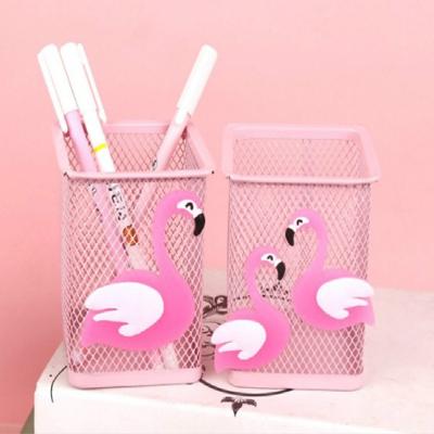 Cartoon roze metalen holle pennenbak vierkant briefpapier opbergdoos beheren zaak potlood pennenhouder stand (dubbele Flamingo)