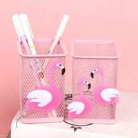 Cartoon roze metalen holle pennenbak vierkant briefpapier opbergdoos beheren zaak potlood pennenhouder stand (dubbele Flamingo)