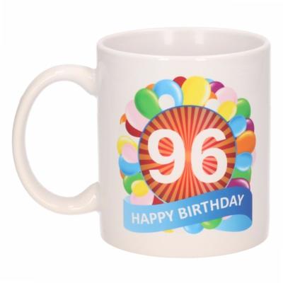 96 jaar Verjaardag koffiemok - cadeau beker - feestelijke ballonnen print - 300 ml - keramiek - wit