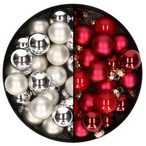 Mini kerstballen - 48x st - zilver en rood - 2,5 cm - glas