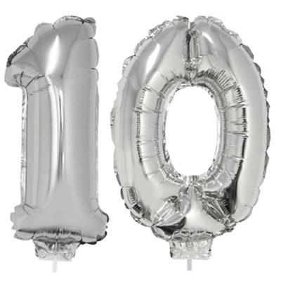10 jaar leeftijd versiering cijfers - verjaardag - ballonnen op stokje - van 41 cm - zilver 10 jaar leeftijd versiering cijfers - verjaardag - ballonnen op stokje - van 41 cm - zilver