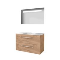 Basic-Line Economic 46 Badkamermeubelset - 100 x 46 cm - Met Grepen - 2 Lades - Keramische Wastafel - 1 Kraangat - Spiegel met LED Verlichting - Whisky Oak