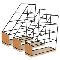 Lectuurbak/documenten opbergbak - 3x - zwart/beige - metaal/hout - L9 x B25 x H29 cm