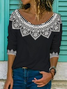 Paisley Short Sleeve Printed Cotton-blend Crew Neck Vintage Summer Black Top