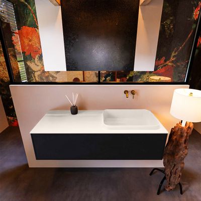 Badkamermeubelset Mondiaz Erin 120 cm met 1 Lade met RIDGE Wastafel Rechts Linen Zonder Kraangaten Greeploos Mat Urban