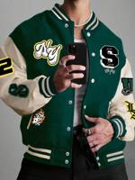 Bon&Bon Men's Oversized Varsity Jacket - Color-Block Letter Print Multicolor / S