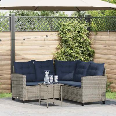 Tuinbank met tafel en kussens L-vormig poly rattan grijs