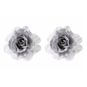 4x Kerstversieringen kerstbloemen zilver/wit op clip - Kersthangers