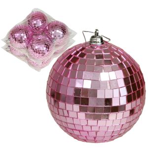 Discobal kerstballen - 12x stuks - roze - 8 cm - kunststof