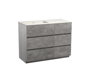 Storke Edge staand badmeubel 110 x 52 cm beton donkergrijs met Mata asymmetrisch linkse wastafel in mat witte solid surface