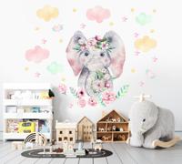 Muursticker - Olifant met bloemen en wolken