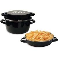 Zwart geëmailleerde friteuse van 26 cm met mand en glazen deksel
