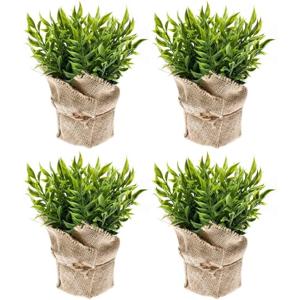 Emerald Kunstplant - 4x - Muizendoorn Kruidenplant - Groen - In Jute Pot - 20 cm