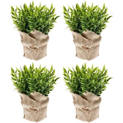 Emerald Kunstplant - 4x - Muizendoorn Kruidenplant - Groen - In Jute Pot - 20 cm