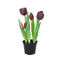 Kunst tulpen Holland in pot - 5x stuks - donker paars - real touch - 26 cm - thumbnail