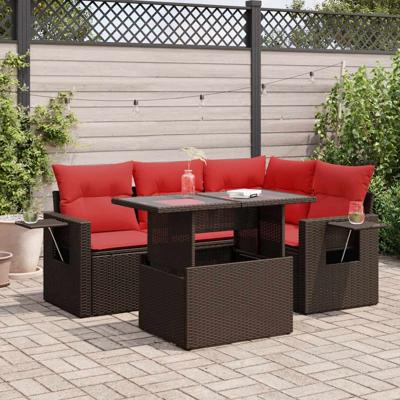 5-delige Loungeset met kussens poly rattan acacia grijs