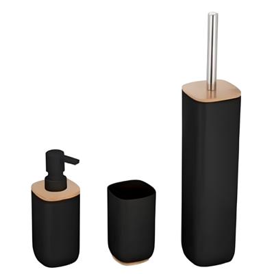 Badkamerset 3-delig - zwart - bamboe en rvs - toiletborstel - zeeppomp - beker