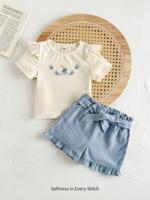 Bon&Bon Baby Girl Cute Floral & Rabbit Cartoon Print Round Neck Short Cap Sleeve Pullover Top And Elastic Waist Bow Decor Casual Shorts 2 Pieces Set, Blue / 18-24M