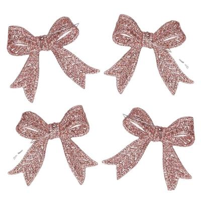 Kerst strikjes - 8x st - roze - glitter - 11 cm - kunststof - kersthangers - kerstornamenten Kerst strikjes - 8x st - roze - glitter - 11 cm - kunststof - kersthangers - kerstornamenten