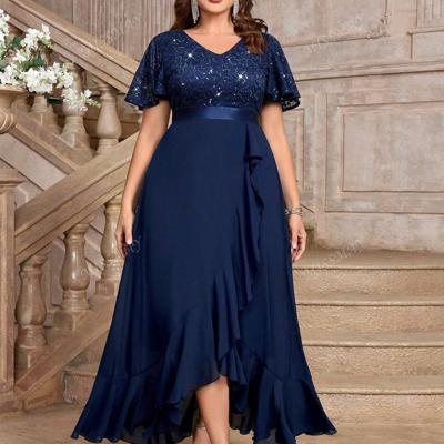 Bon&Bon Plus Size Navy Blue Sequin Lace V-Neck Formal Evening Gown Navy Blue / 0XL