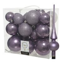 Set van 26x stuks kunststof kerstballen incl. glazen piek mat lila paars   -