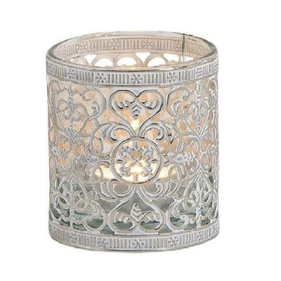 Windlicht theelicht/waxinelicht houder - zilver antiek - D8 x H8 cm
