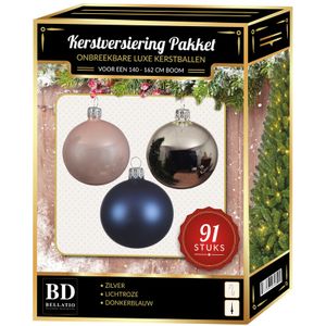 Zilveren/lichtroze/donkerblauwe kerstballen pakket 91-delig voor 150 cm boom   -