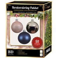Zilveren/lichtroze/donkerblauwe kerstballen pakket 91-delig voor 150 cm boom   - - thumbnail
